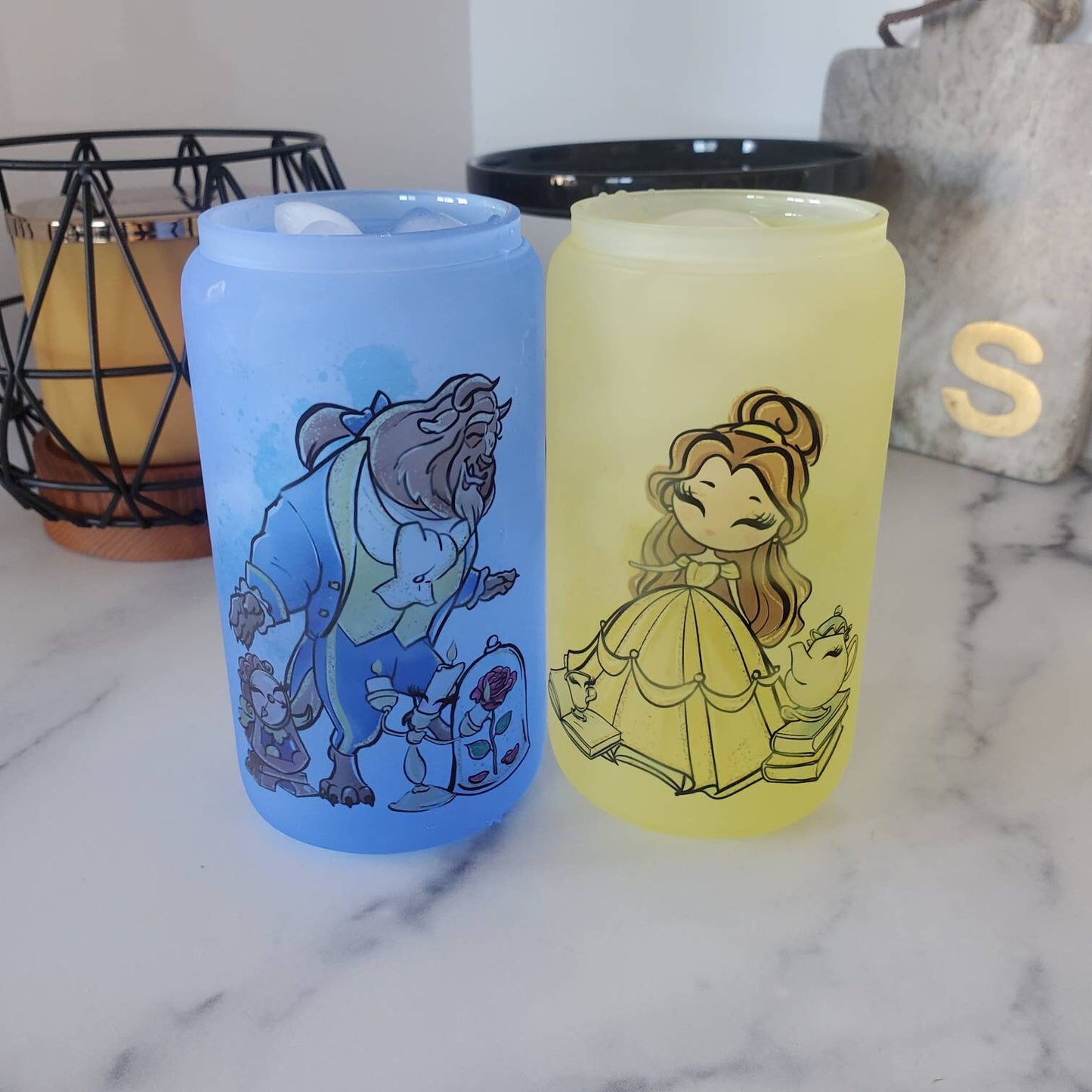 Beauty and the Beast Frosted Color Changing Glass Beer Can with Bamboo Lid and Straw | Coffee Glass with Bamboo Lid | Iced Coffee Tumbler