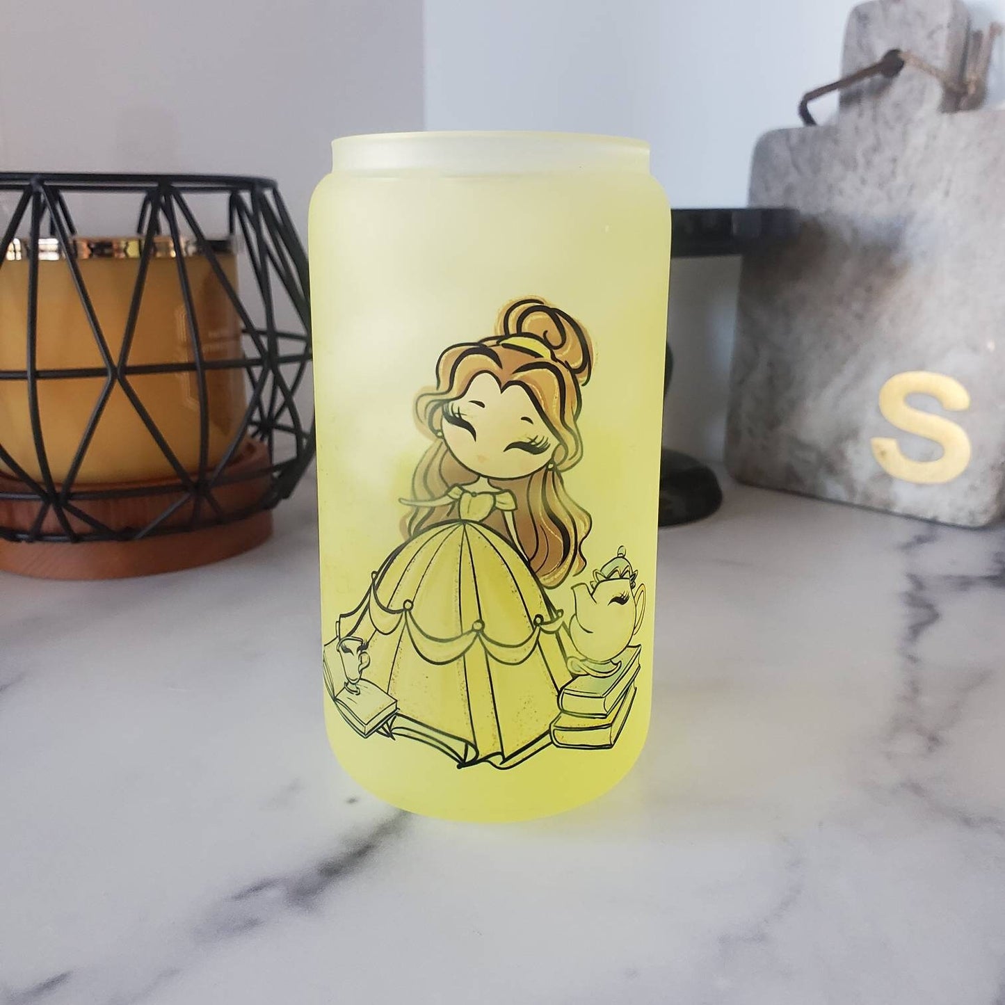 Beauty and the Beast Frosted Color Changing Glass Beer Can with Bamboo Lid and Straw | Coffee Glass with Bamboo Lid | Iced Coffee Tumbler