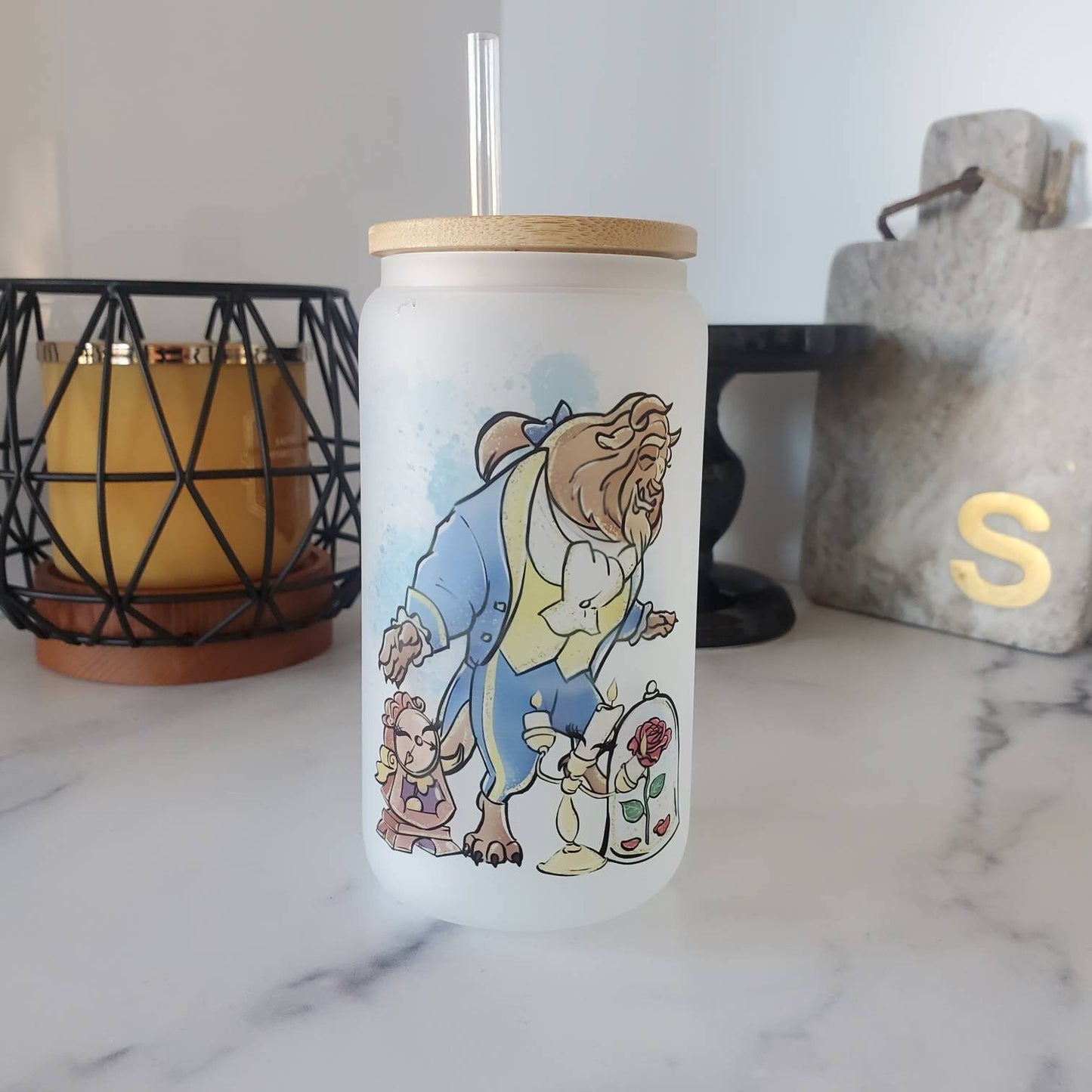Beauty and the Beast Frosted Color Changing Glass Beer Can with Bamboo Lid and Straw | Coffee Glass with Bamboo Lid | Iced Coffee Tumbler