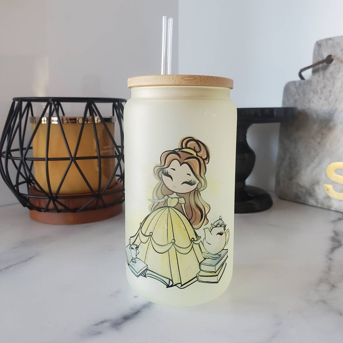 Beauty and the Beast Frosted Color Changing Glass Beer Can with Bamboo Lid and Straw | Coffee Glass with Bamboo Lid | Iced Coffee Tumbler