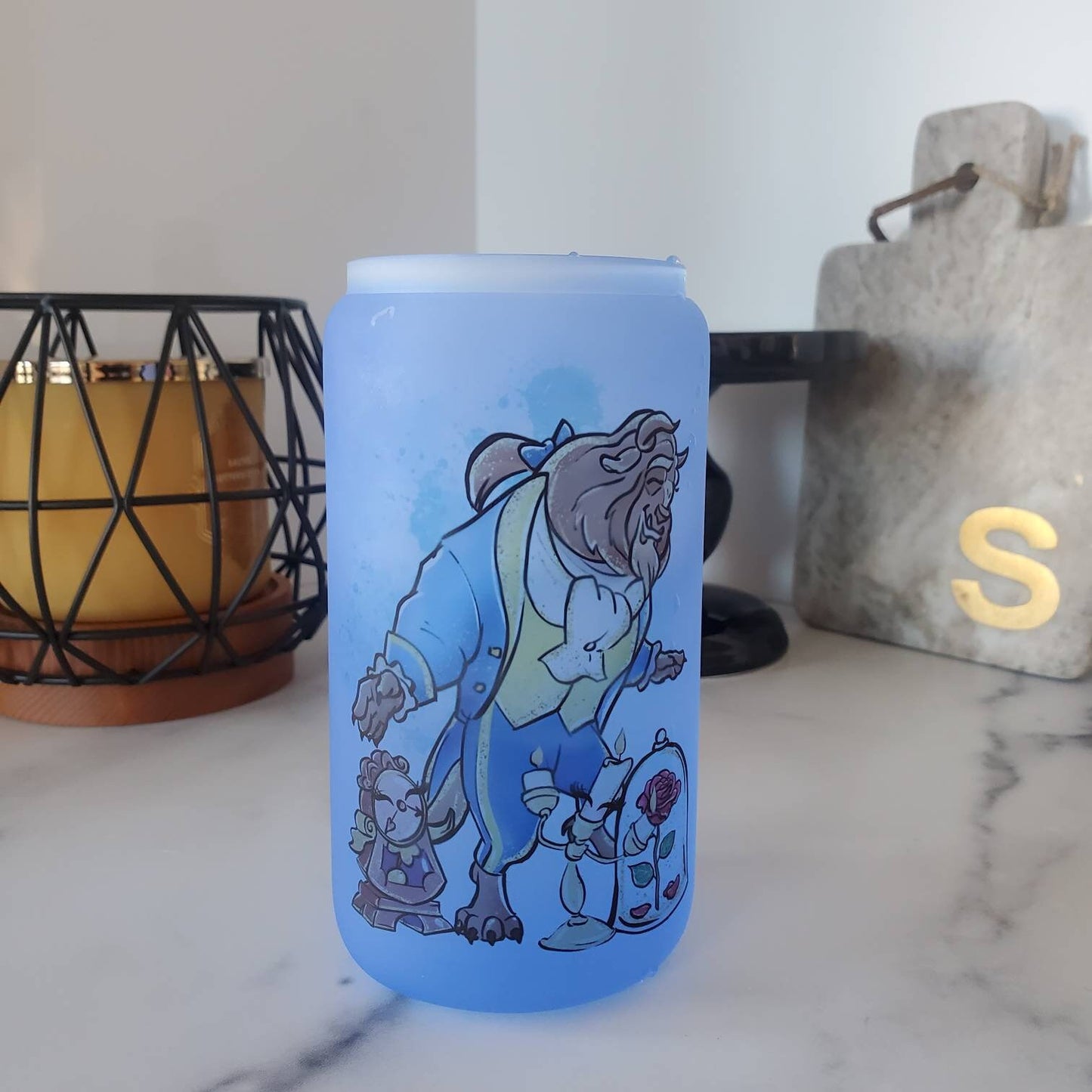 Beauty and the Beast Frosted Color Changing Glass Beer Can with Bamboo Lid and Straw | Coffee Glass with Bamboo Lid | Iced Coffee Tumbler