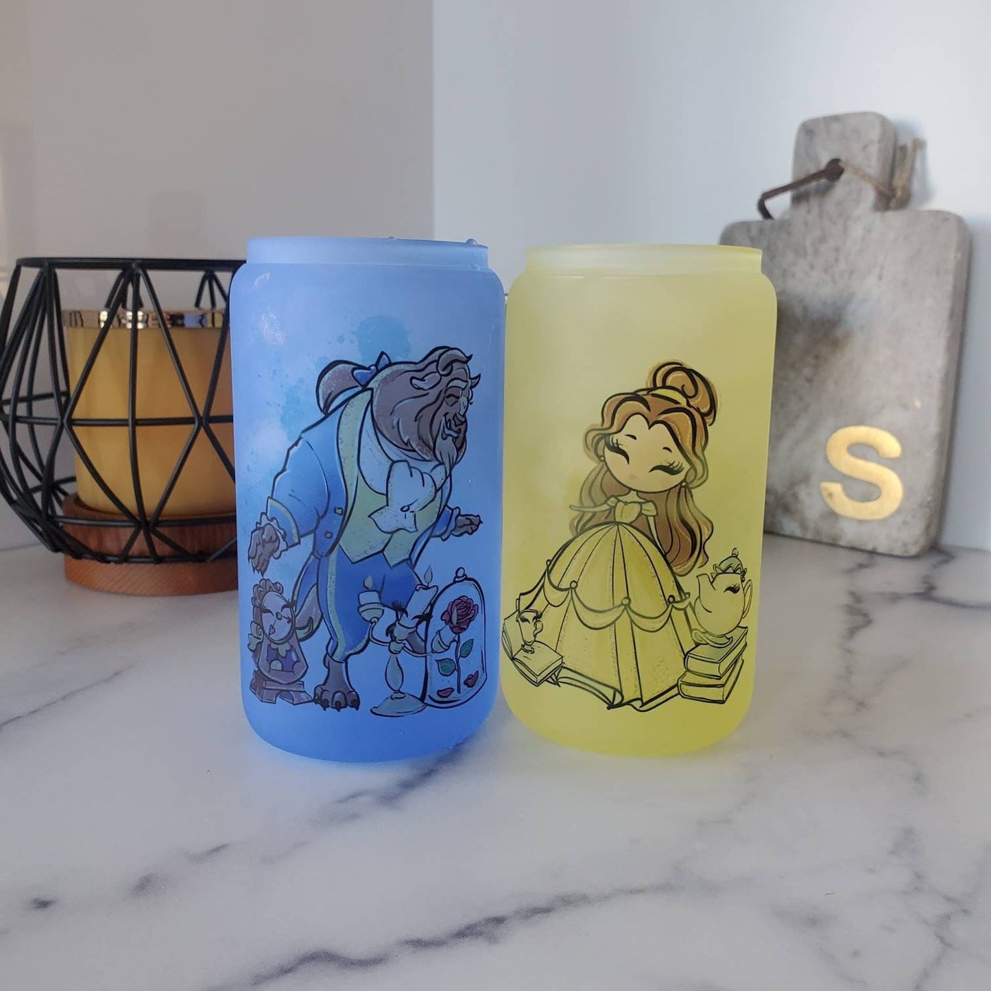 Beauty and the Beast Frosted Color Changing Glass Beer Can with Bamboo Lid and Straw | Coffee Glass with Bamboo Lid | Iced Coffee Tumbler