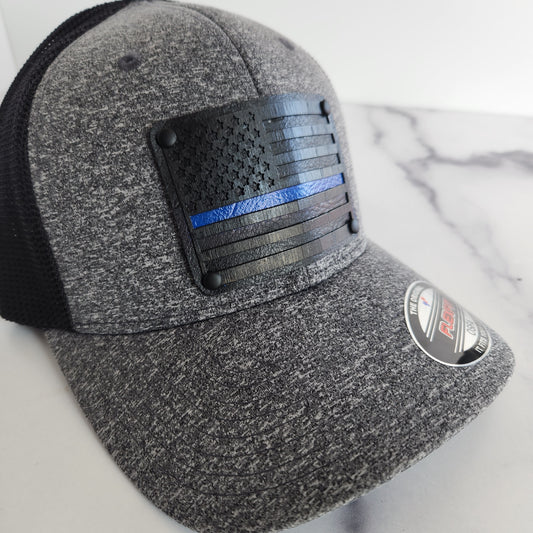 Flex Fit Trucker Hat with Black Blue Line Flag Wooden Patch