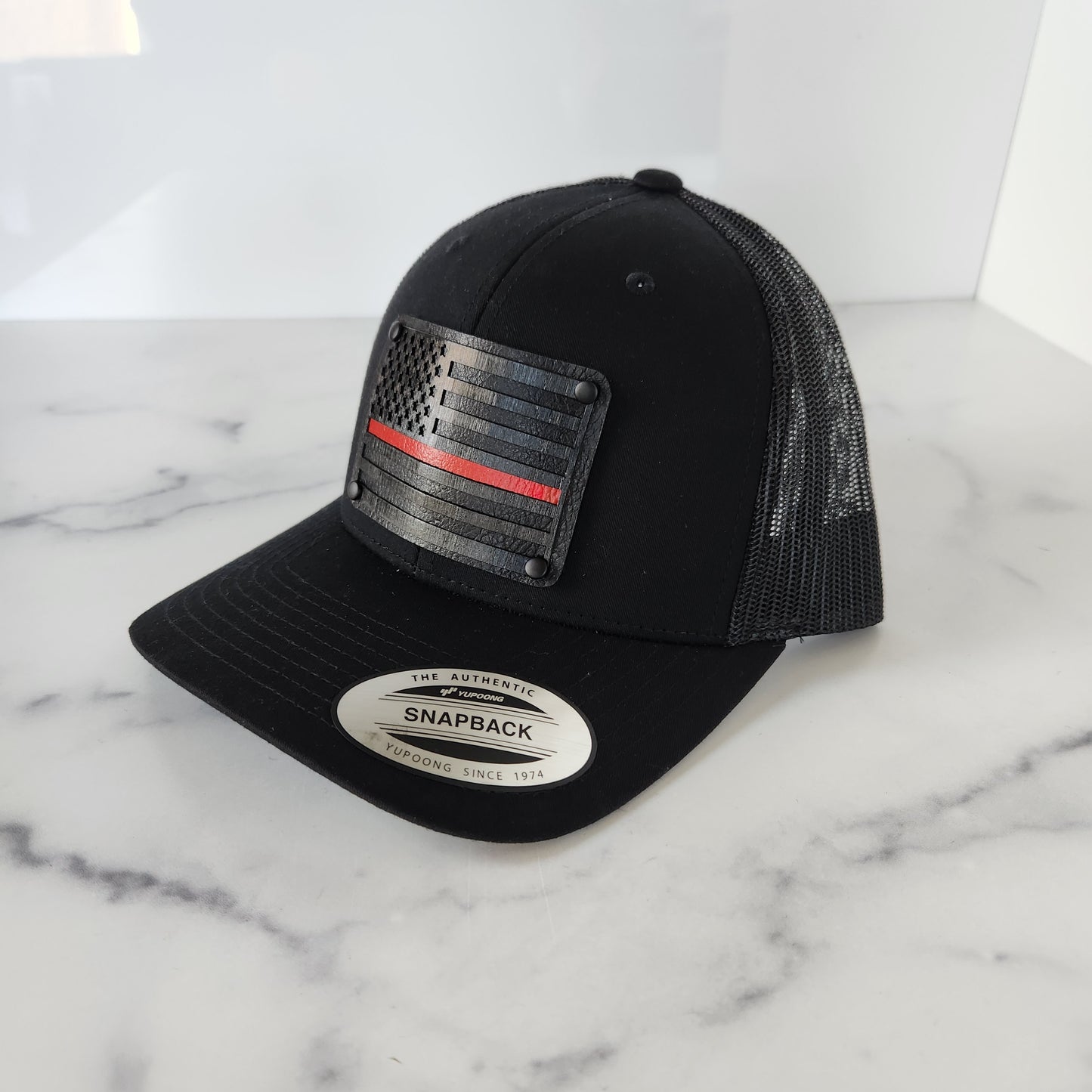 Flex Fit Trucker Hat with Black Red Line Flag Wooden Patch